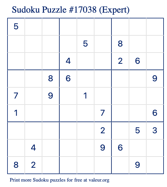 Free Printable Expert Sudoku Puzzle number 17038