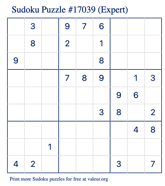 Free Printable Expert Sudoku Puzzle number 17039