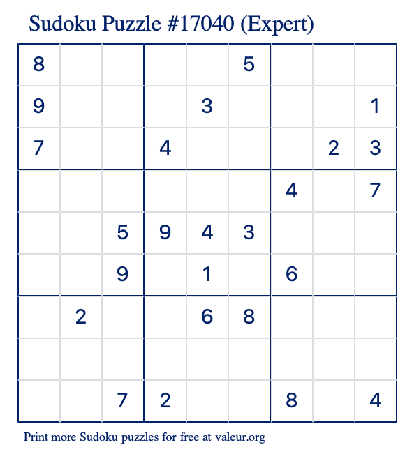 Free Printable Expert Sudoku Puzzle number 17040