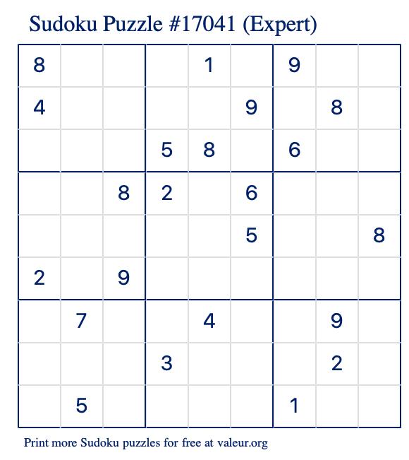 Free Printable Expert Sudoku Puzzle number 17041