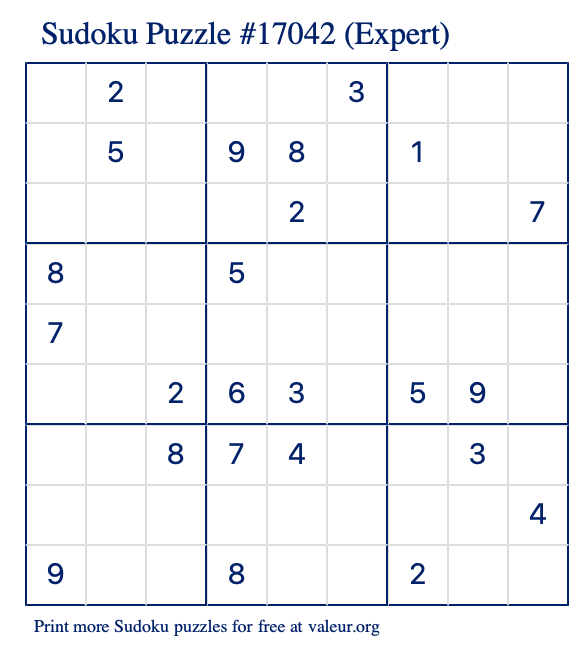 Free Printable Expert Sudoku Puzzle number 17042