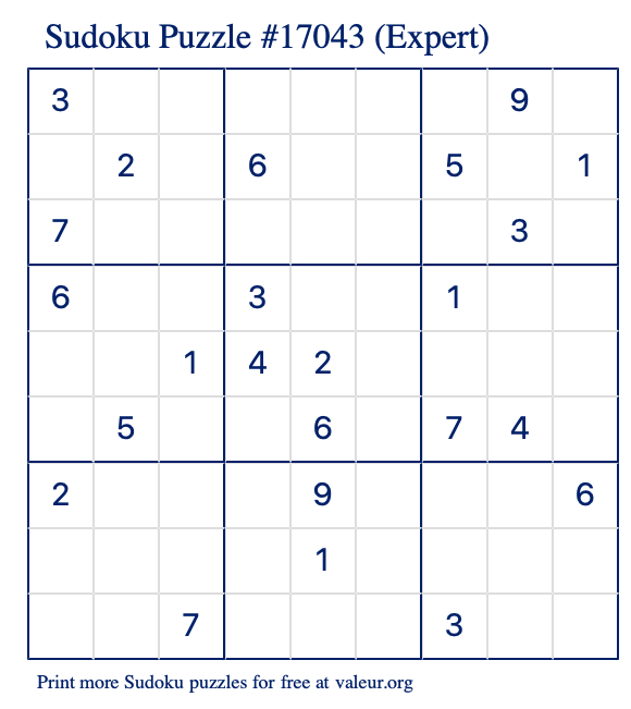 Free Printable Expert Sudoku Puzzle number 17043