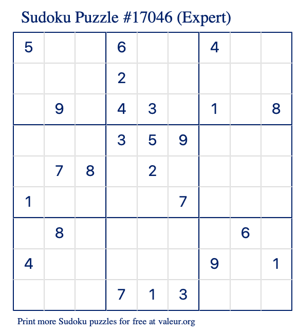 Free Printable Expert Sudoku Puzzle number 17046