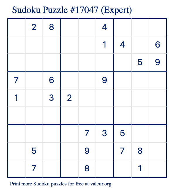 Free Printable Expert Sudoku Puzzle number 17047
