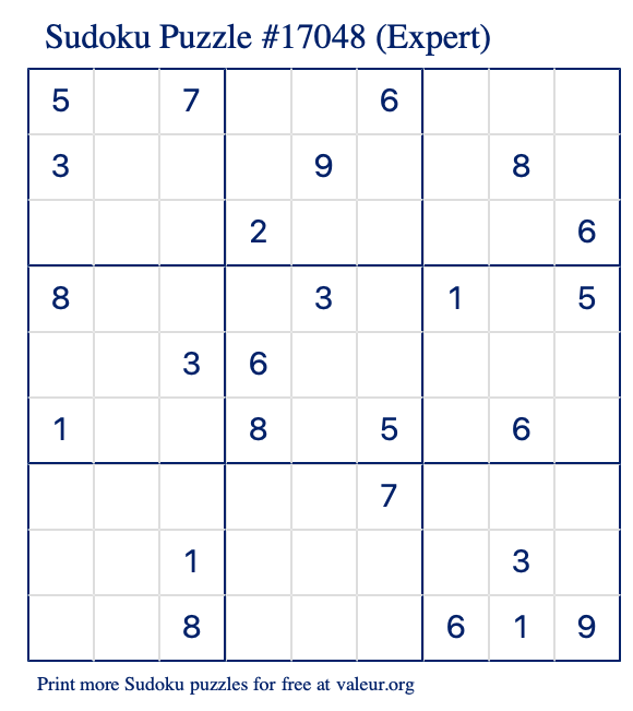 Free Printable Expert Sudoku Puzzle number 17048