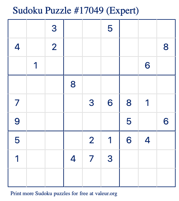 Free Printable Expert Sudoku Puzzle number 17049