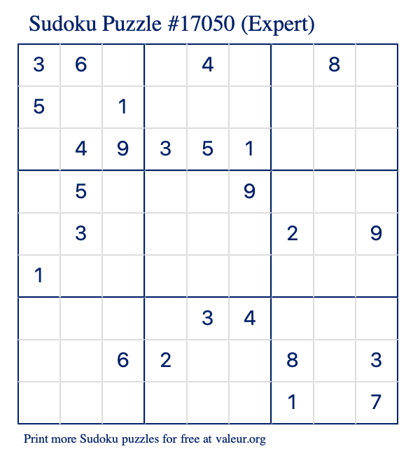 Free Printable Expert Sudoku Puzzle number 17050