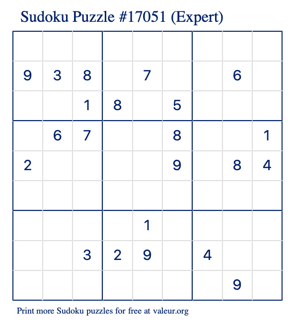 Free Printable Expert Sudoku Puzzle number 17051