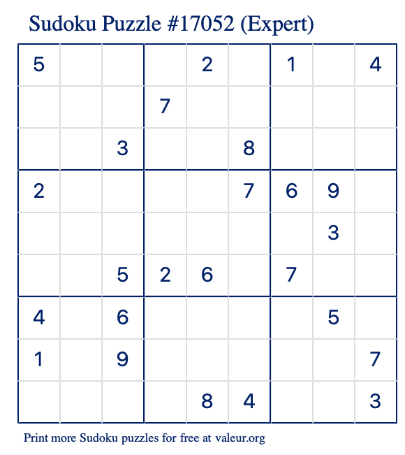 Free Printable Expert Sudoku Puzzle number 17052