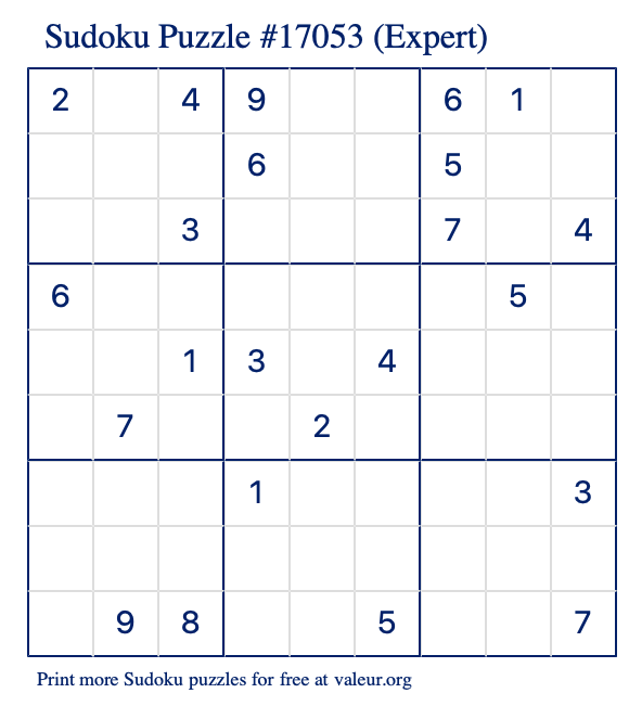 Free Printable Expert Sudoku Puzzle number 17053