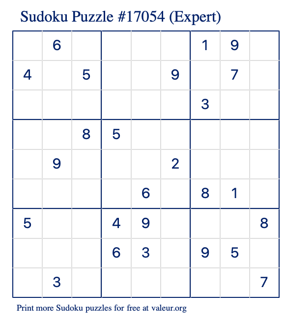 Free Printable Expert Sudoku Puzzle number 17054