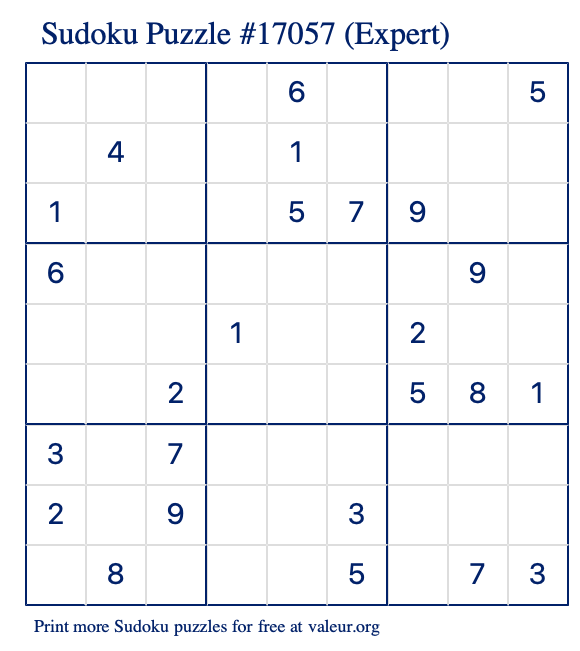 Free Printable Expert Sudoku Puzzle number 17057