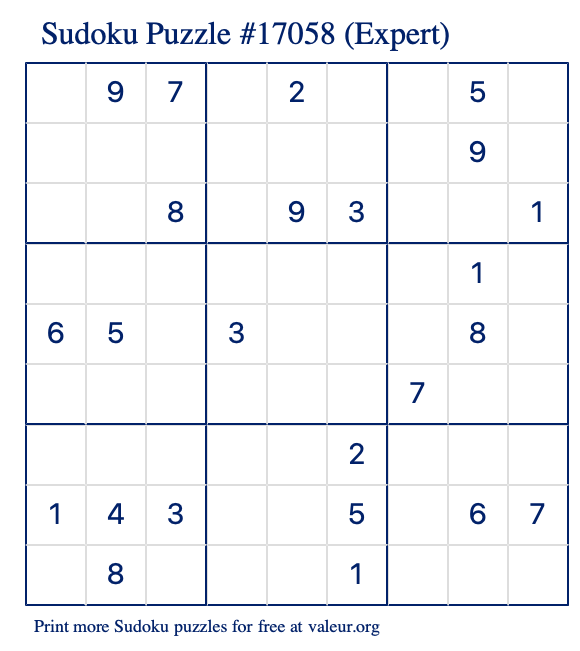 Free Printable Expert Sudoku Puzzle number 17058