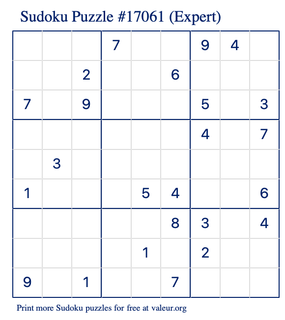 Free Printable Expert Sudoku Puzzle number 17061