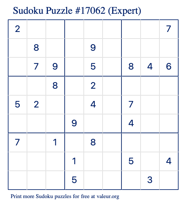 Free Printable Expert Sudoku Puzzle number 17062