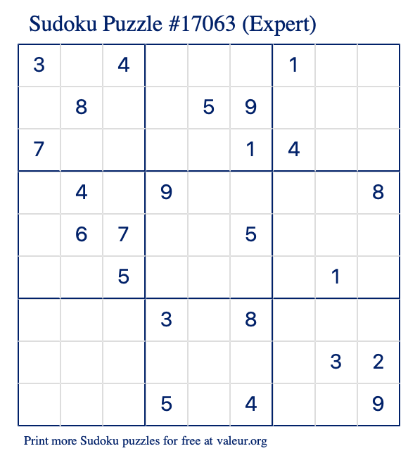 Free Printable Expert Sudoku Puzzle number 17063