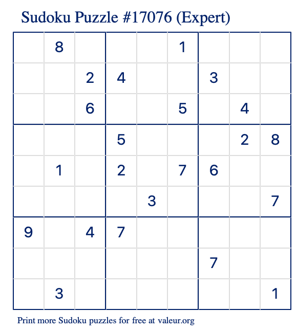 Free Printable Expert Sudoku Puzzle number 17076