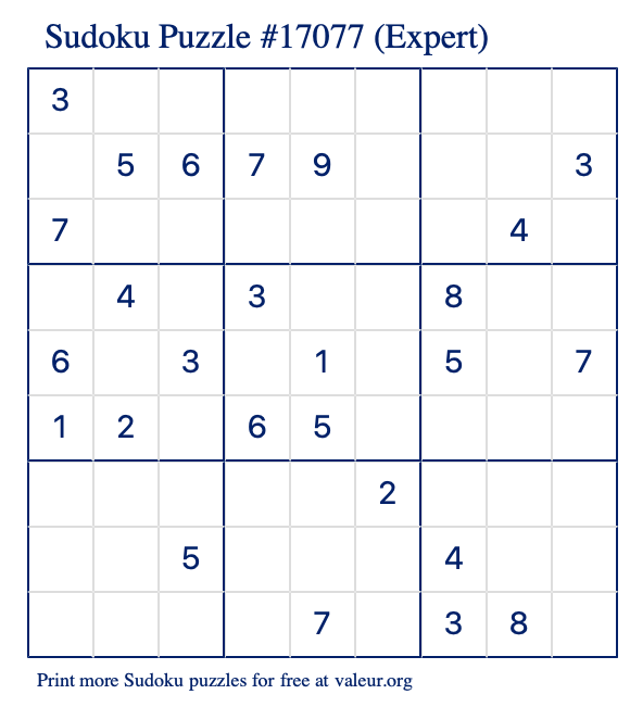 Free Printable Expert Sudoku Puzzle number 17077