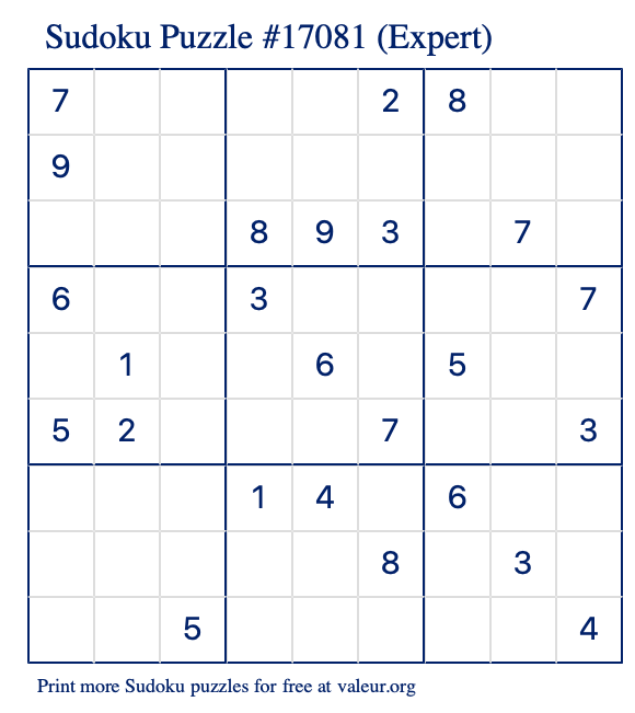 Free Printable Expert Sudoku Puzzle number 17081