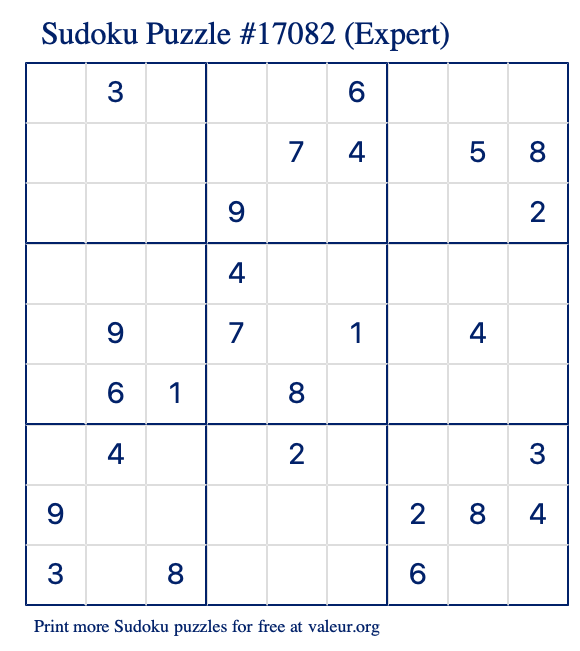 Free Printable Expert Sudoku Puzzle number 17082