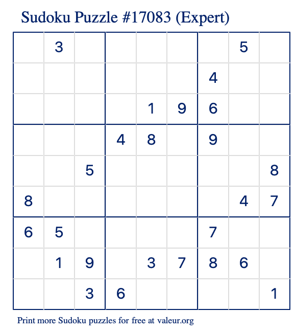 Free Printable Expert Sudoku Puzzle number 17083