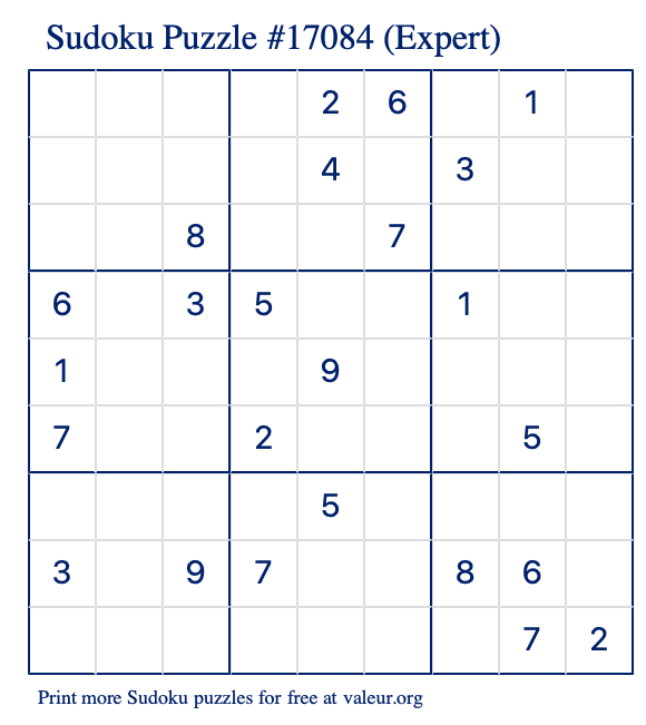 Free Printable Expert Sudoku Puzzle number 17084