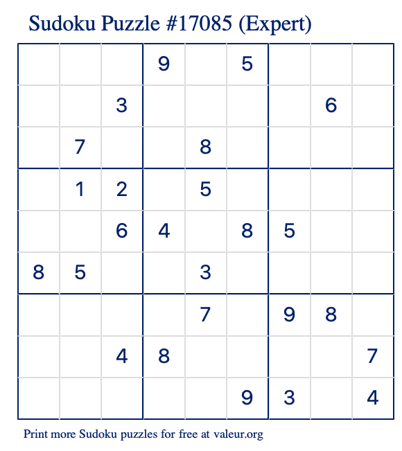 Free Printable Expert Sudoku Puzzle number 17085