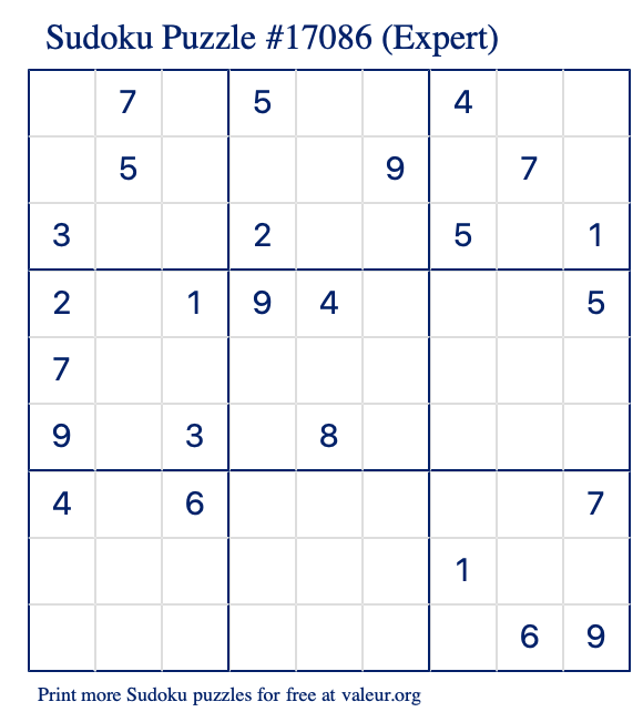Free Printable Expert Sudoku Puzzle number 17086