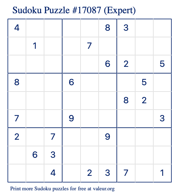 Free Printable Expert Sudoku Puzzle number 17087