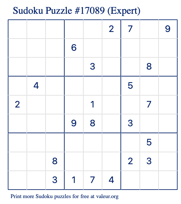 Free Printable Expert Sudoku Puzzle number 17089