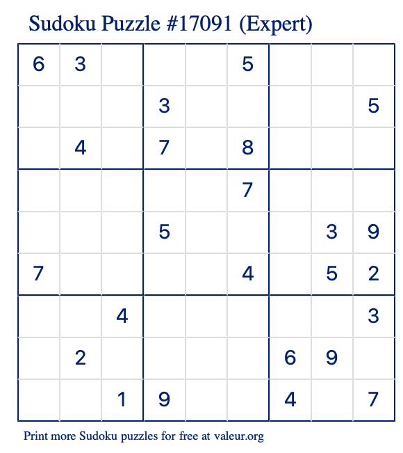 Free Printable Expert Sudoku Puzzle number 17091