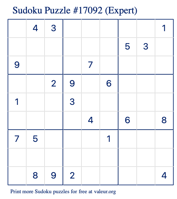 Free Printable Expert Sudoku Puzzle number 17092
