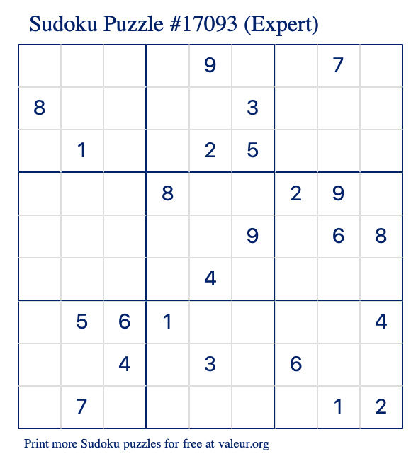 Free Printable Expert Sudoku Puzzle number 17093