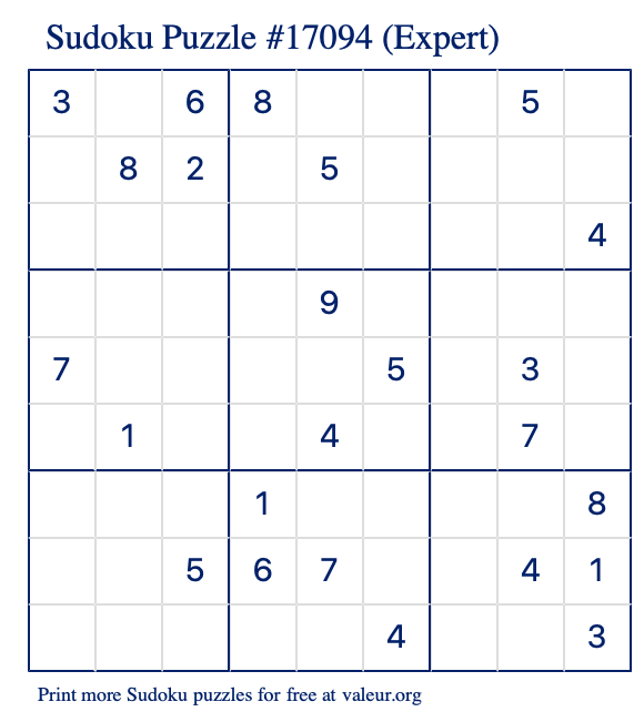 Free Printable Expert Sudoku Puzzle number 17094