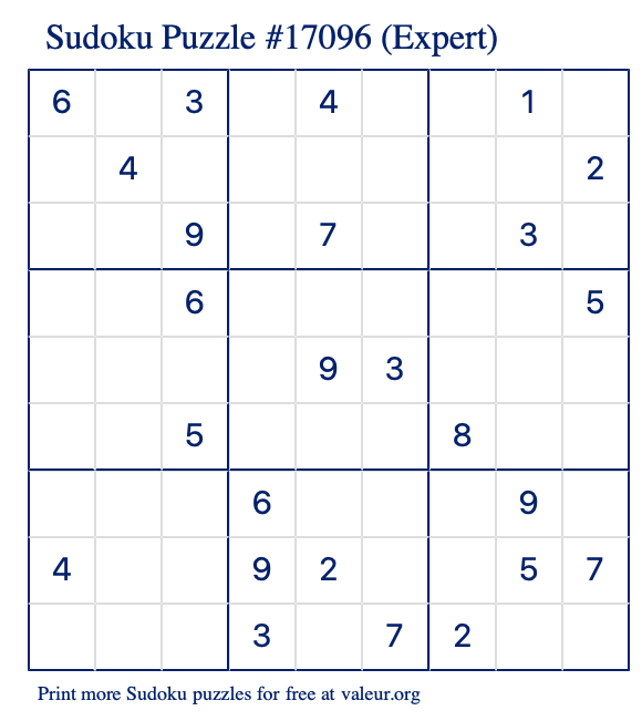 Free Printable Expert Sudoku Puzzle number 17096