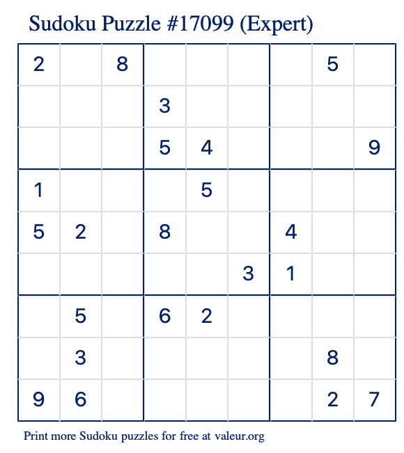 Free Printable Expert Sudoku Puzzle number 17099
