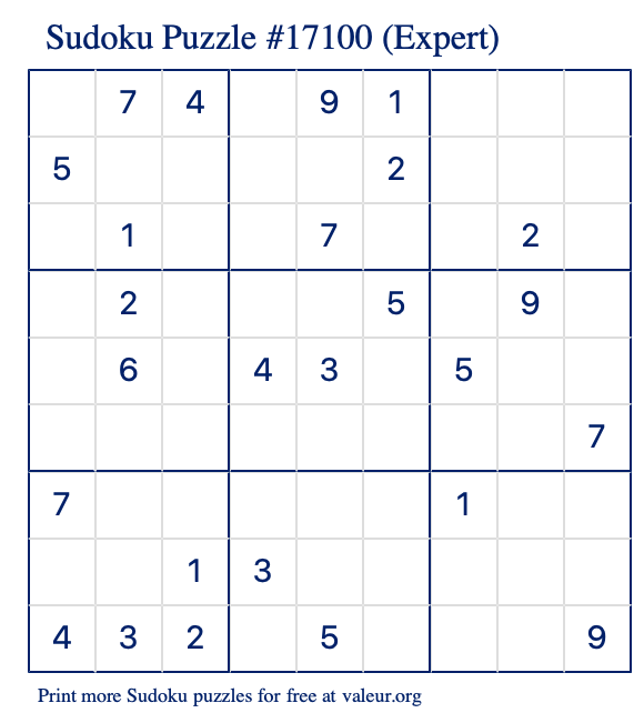 Free Printable Expert Sudoku Puzzle number 17100