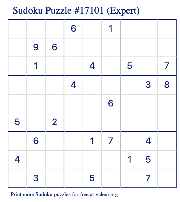 Free Printable Expert Sudoku Puzzle number 17101
