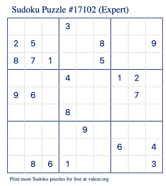 Free Printable Expert Sudoku Puzzle number 17102