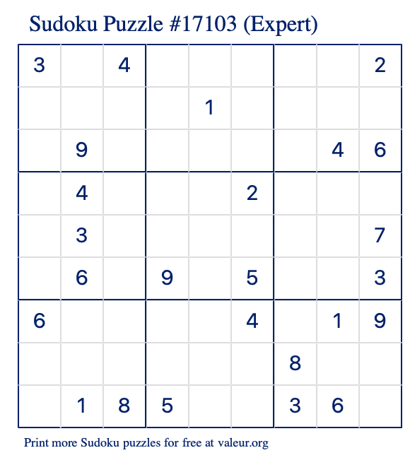 Free Printable Expert Sudoku Puzzle number 17103
