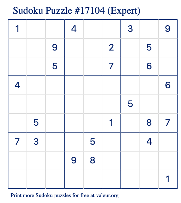 Free Printable Expert Sudoku Puzzle number 17104