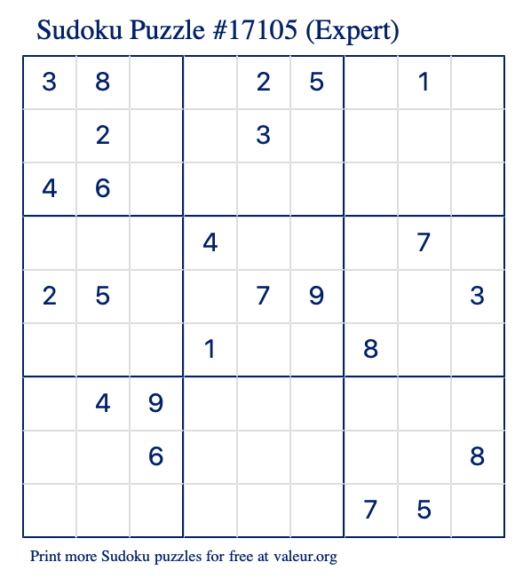 Free Printable Expert Sudoku Puzzle number 17105