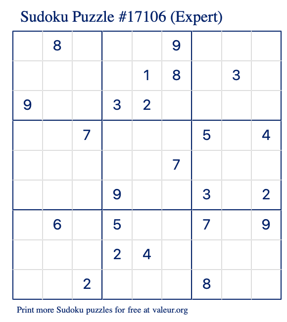 Free Printable Expert Sudoku Puzzle number 17106