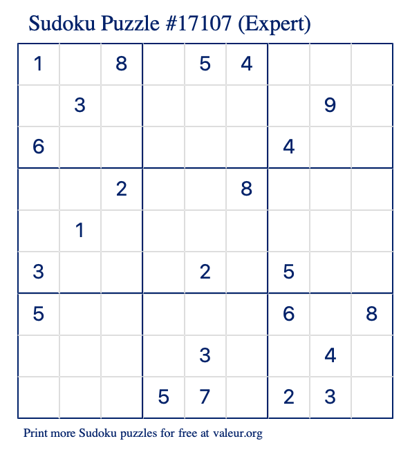 Free Printable Expert Sudoku Puzzle number 17107
