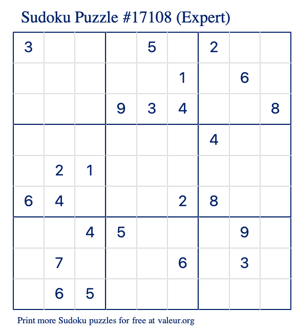 Free Printable Expert Sudoku Puzzle number 17108