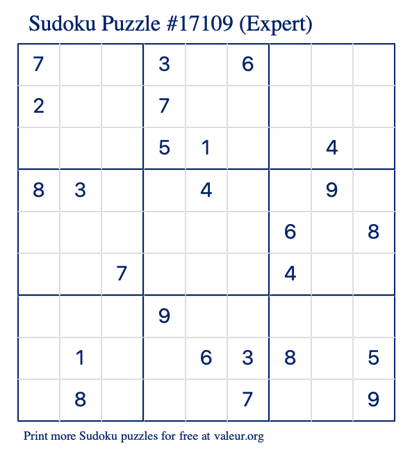 Free Printable Expert Sudoku Puzzle number 17109