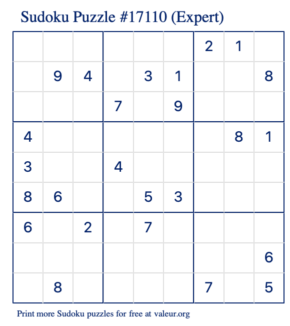 Free Printable Expert Sudoku Puzzle number 17110