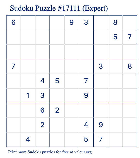 Free Printable Expert Sudoku Puzzle number 17111