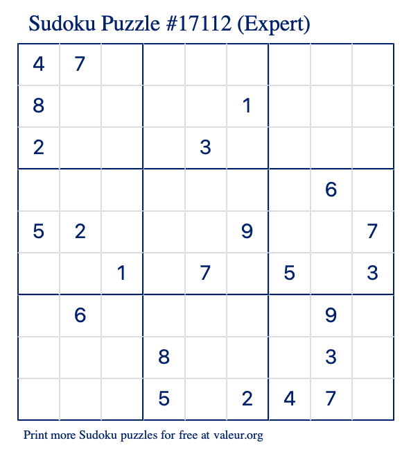Free Printable Expert Sudoku Puzzle number 17112
