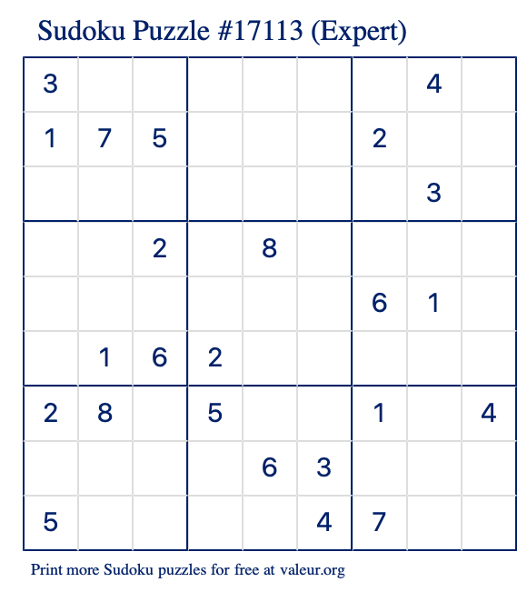 Free Printable Expert Sudoku Puzzle number 17113